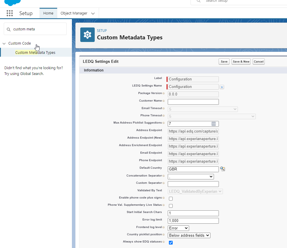 View of LEDQ Settings Custom Metadata Type